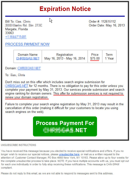 Example of a domain renewal scam letter